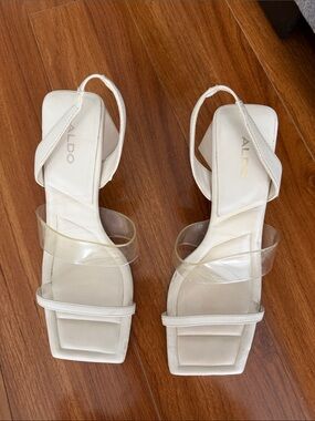 ALDO White Square-Toe Block Heel Sandals with Clear Straps Size 8.5